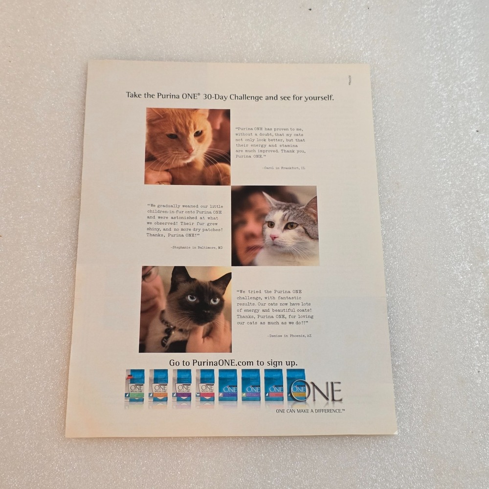 Vintage Print Ad Purina One 30-day challenge cat kitten color 8x10.5 2004